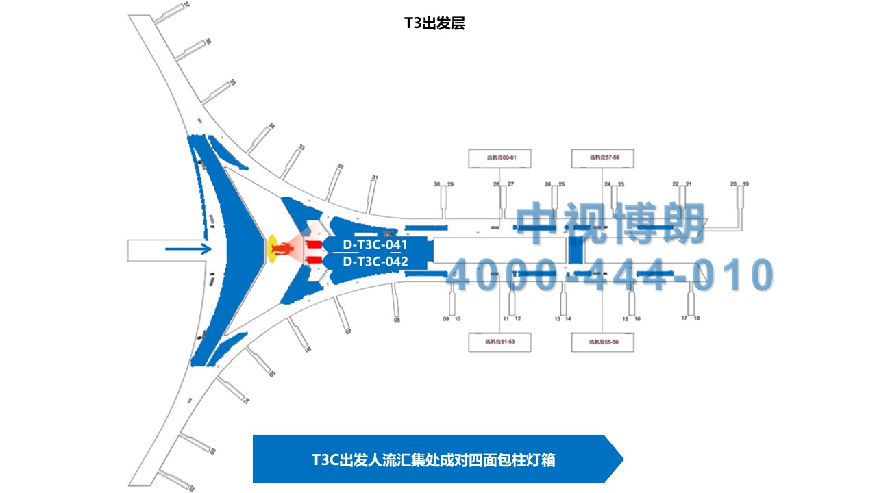 北京首都机场广告-T3C出发成对四面包柱灯箱位置图