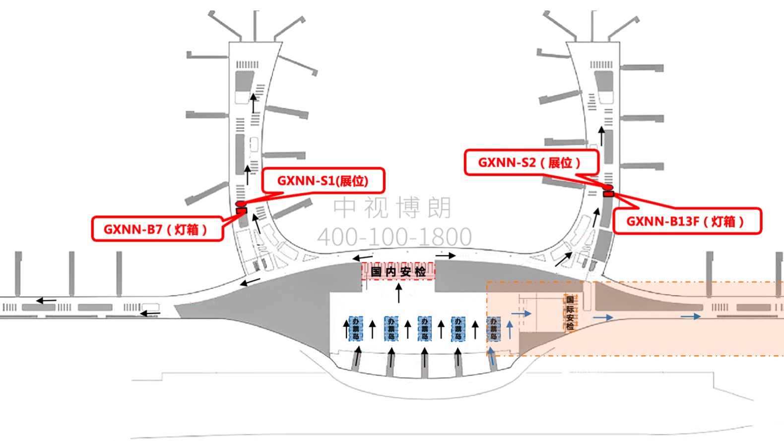 南宁机场广告-国内出发通廊灯箱+展位组合点位图