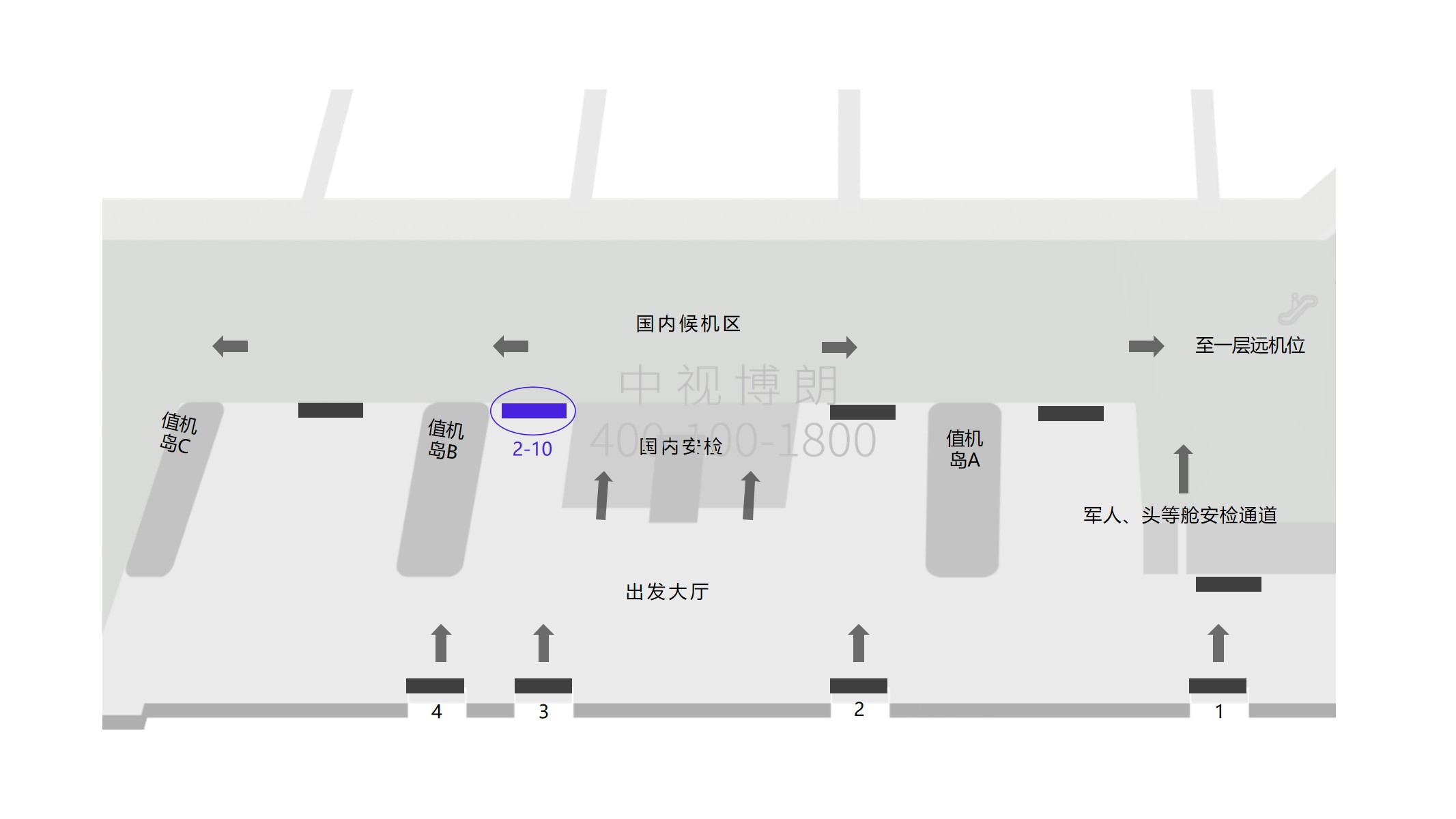 三亚机场广告-2-10出发大厅安检口处灯箱点位图
