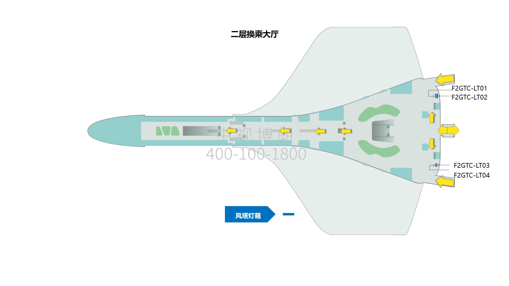 郑州机场广告-换乘大厅风塔灯箱套装点位图